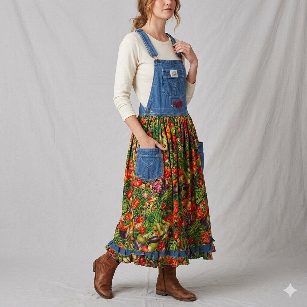 Levi’s Womens Skirt Embroider Overall Midi Dress Md grandma Garden Cottage VTG